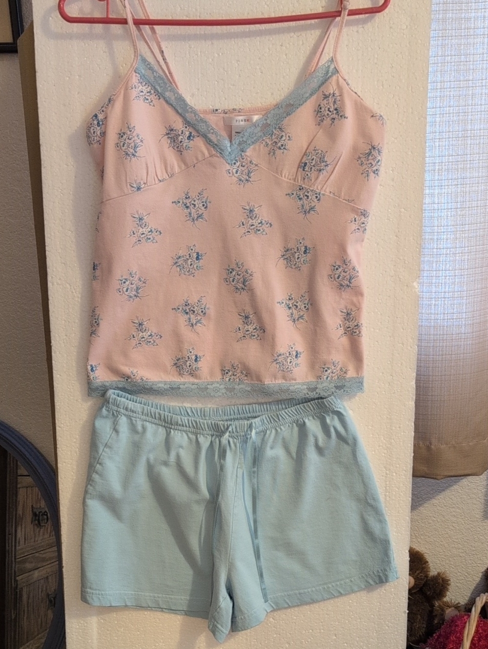Women's Pink & Light Blue Floral Lace Trim Sleep Set